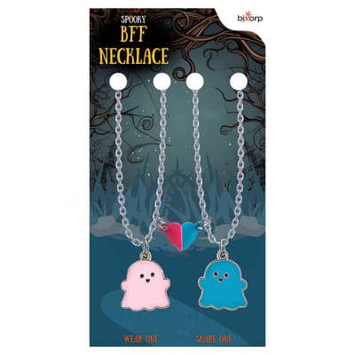 Bixorp Friends BFF Ketting voor 2 met Roze & Blauwe Spookjes - Magnetisch Hartje Vriendschapsketting - Koppel Ketting Cadeau - Zilver - 45+5cm