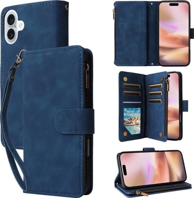 YPCd Wallet Case Pasjeshouder met Rits – Geschikt voor Apple iPhone 16 Plus – Luxe Bookcase Hoesje met 6 Pasjesvakken & Polsbandje – Blauw