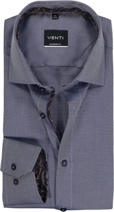 VENTI modern fit overhemd - dobby - blauw met bruin en wit mini dessin - Strijkvrij - Boordmaat: 38