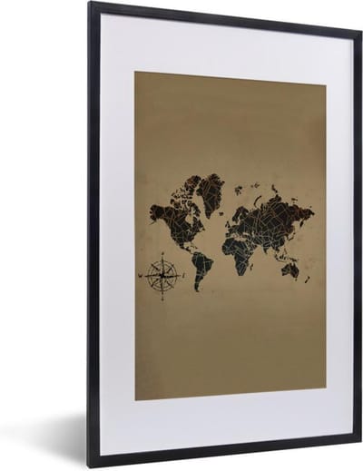 Poster in lijst - Fotolijst 40x60 cm - Posters - Wereldkaart - Zwart - Windroos - Posterlijst zwart - Decoratie - Wanddecoratie woonkamer - Muurdecoratie slaapkamer