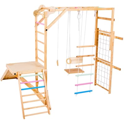 Binnenspeeltuin Jungle Gym, 8-in-1 Houten Binnenspeeltuin Speelset, 100KG Belasting Montessori Klimspeelgoed met Schommel, Glijbaan, Klimrek, Gym
