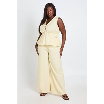 boohoo Dames Plus Linnen Top Met Strikdetail En Broek Coordinatenset | Lemon | Maat: 22