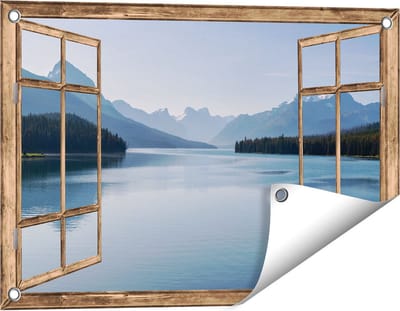 Gards Tuinposter Doorkijk Meer bij de Bergen in Alberta, Canada - 60x40 cm - Tuindoek - Tuindecoratie - Wanddecoratie buiten - Tuinschilderij