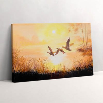 Wallfluent Foto Op Canvas Kranen bij zonsondergang - 30 x 20 cm - Beige Schilderij Canvas - Vogels Canvas Doek Foto - Natuur Schilderij Doek - Vogels Schilderijen Op Canvas Doek