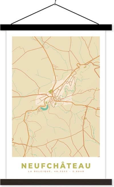 Posterhanger incl. Poster 40x60 cm - Schoolplaat - Stadskaart - Plattegrond - Kaart - Vintage - Neufchâteau - Textielposter - Zwarte latten - Stadskaart