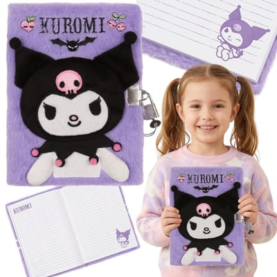 KUROMI Pluche notitieboekje voor meisjes, dagboek aan een sleutelhanger, gelinieerd schoolschrift A5