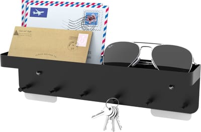 Intirilife sleutelrek met legplank in zwart - Zelfklevend - Hakenrek voor aan de muur met 6 haken en legplank