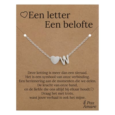 Letter W ketting op Cadeau Kaartje - Een letter, een belofte - 45cm Zilverkleurig Stainless Steel - Initiaal & Hartje Hanger - Pax Amare