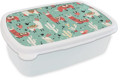 Broodtrommel Wit - Lunchbox - Brooddoos - Lama - Patronen - Cactus - 18x12x6 cm - Volwassenen