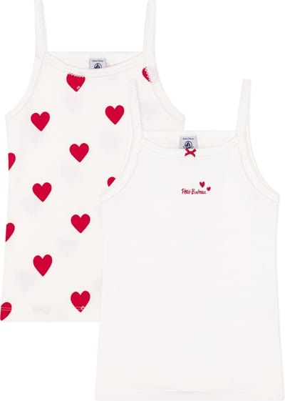 Petit Bateau Set van 2 katoenen meisjeshemdjes met bandjes en hartjes