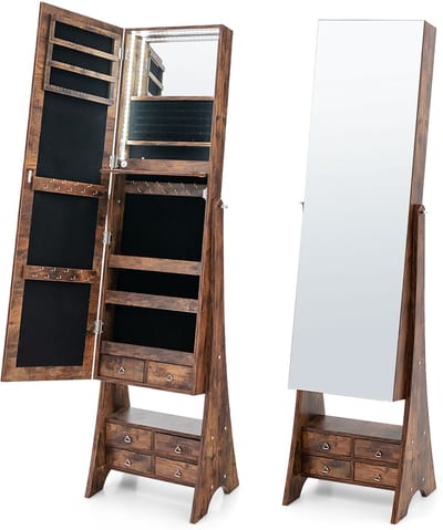 COSTWAY Sieradenkast met spiegel, spiegelkast met verlichting, sieradenorganizer met laden en inklapbare plank