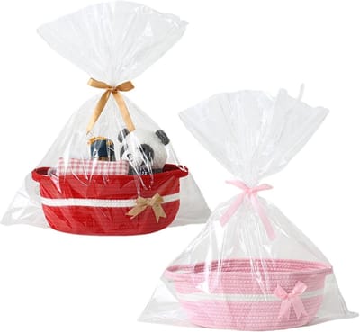 2-delig klein geweven mandje, lege geweven katoenen touw geschenkmand voor baby shower, vakantie, verjaardag, herbruikbaar opbergorganizer cadeauverpakkingsset, 30 x 20 x 12 cm, rood & roze