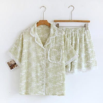 Nieuwe Lente en Herfst Dames Pyjama Set 100% Katoen Crêpe Lange Mouwen en Broek Tweedelige Set voor Dames Huiskleding XL beige