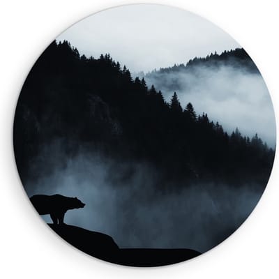 Saammp Muurcirkel Hout - Beer op Rots - Landschap - Natuur - Ø 90 - Wandcirkel - Wanddecoratie Cirkel - Muurdecoratie Woonkamer - Slaapkamer decoratie - Rond Schilderij