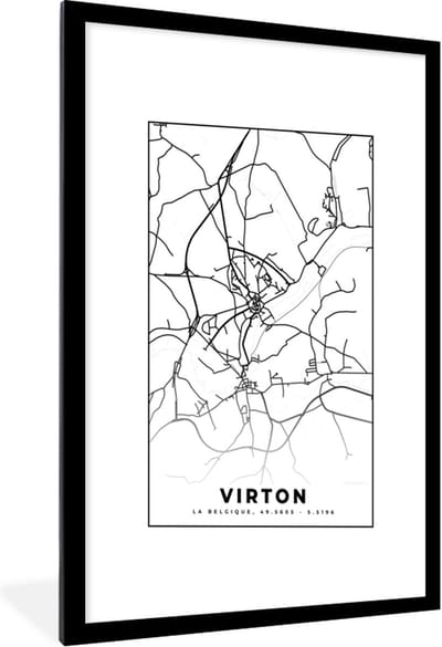 Fotolijst incl. Poster Zwart Wit- België – Virton – Stadskaart – Kaart – Zwart Wit – Plattegrond - 60x90 cm - Posterlijst