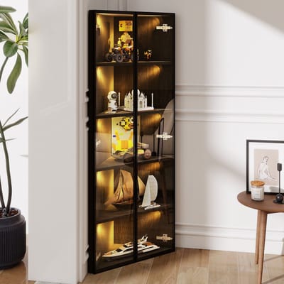 MODENUIT Hoekvitrine - Met LED Verlichting En Deuren - Voor Woonkamer Of Kantoor - MDF En Glas - 62x35x160 Cm - Zwart