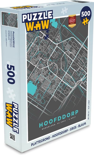 Puzzel Plattegrond - Hoofddorp - Grijs - Blauw - Legpuzzel - Puzzel 500 stukjes - Stadskaart