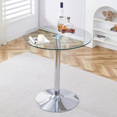 MODFU Bartafel - Rond Glazen Blad En Metalen Voet - Minimalistisch - Voor Woonruimte En Horeca - Zilver Transparant - 89 X 92 Cm