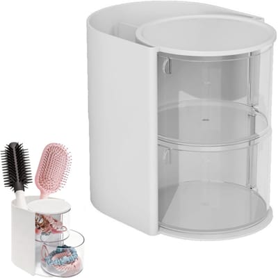 1 artikel - Haaraccessoiresorganizer - Draaibare make-upborstelhouder - Draaibare sieradenorganizer - Bureau-organizer - Stofdicht - 2 lades - Voor oorbellen, ringen, make-upborstels en haaraccessoires - Wit - 10 x 13 x 12,4 cm