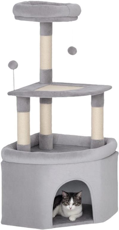 PawHut-Kattenkrabpaal-Spaanplaat, pluche-49x49x114cm-Lichtgrijs