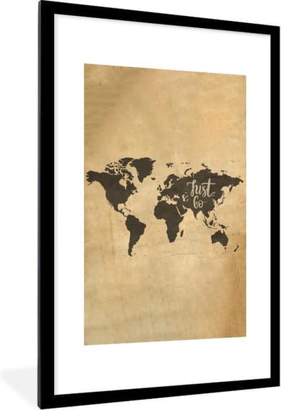 Poster in lijst - Fotolijst 60x90 cm - Posters - Wereldkaart - Quote - Beige - Posterlijst zwart - Decoratie - Wanddecoratie woonkamer - Muurdecoratie slaapkamer