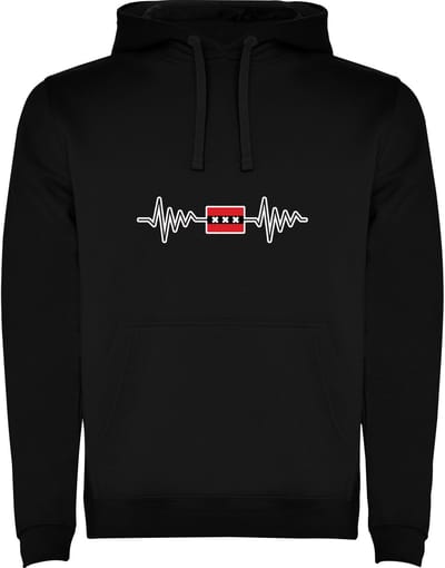 Zwarte Hoodie Amsterdam - Hartslag en vlag van de hoofdstad Amsterdam - drie keer kruis Maat M