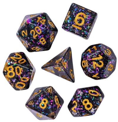 HOT Games dobbelstenen set Nebula glitter 7-delig paars transparant.
