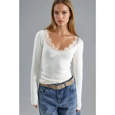 Kant Gedetailleerde V-Hals Blouse
