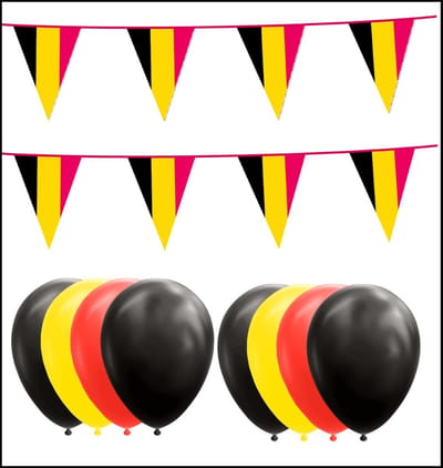 Belgie feestpakket Big- 6x Vlaggenlijn 10 meter + 150 ballonnen zwart/geel/rood - Versiering Slinger Feestdecoratie Decoratie