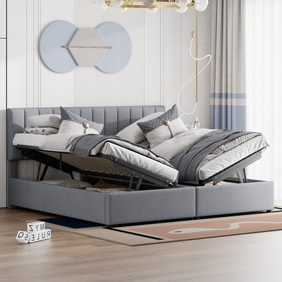 STILVORA Gestoffeerd Bed 180x200 cm - Tweepersoonsbed Met Praktische Opbergruimte - Linnen - Grijs