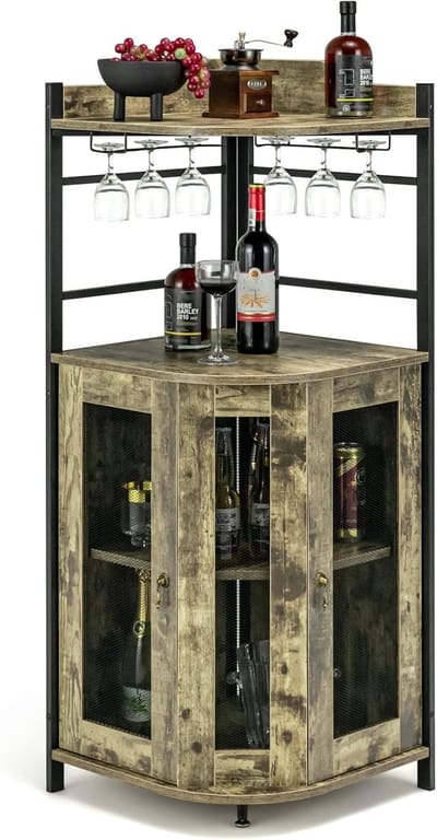 COSTWAY Industriële barkast, wijnkast met glashouder, huisbar van metalen frame, hoekkast keuken, 46 x 46 x 130 cm (lichtbruin)