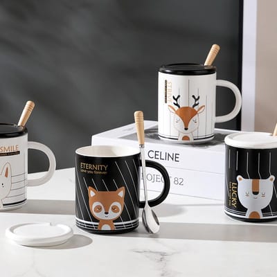 Cartoon Schattig Dier Keramische Mok met Deksel Lepel Kleine Vos Mok Meisje Koppel Pakket Waterbeker Ontbijtbeker 450ML gray