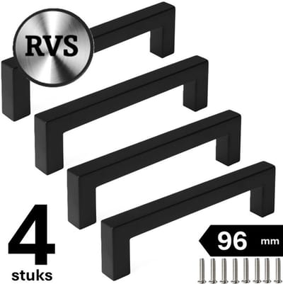 4 X MSQDESIGN Zwarte RVS Handgrepen 96mm - Handgreep zwart - Handgrepen keukenkastjes - Keukengrepen zwart - Kastgrepen - Meubelgrepen - Handgrepen deurtjes kast - Handgreep keuken - Deurgreepjes - ladegreep - Meubelgreep zwart