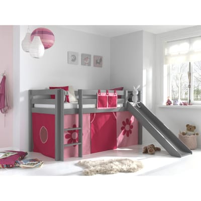 LUCEVI - Pino Halfhoogslaper H115CM + Ladder + Glijbaan + Pink Flower Gordijntjes - Grijs - 90x200 cm