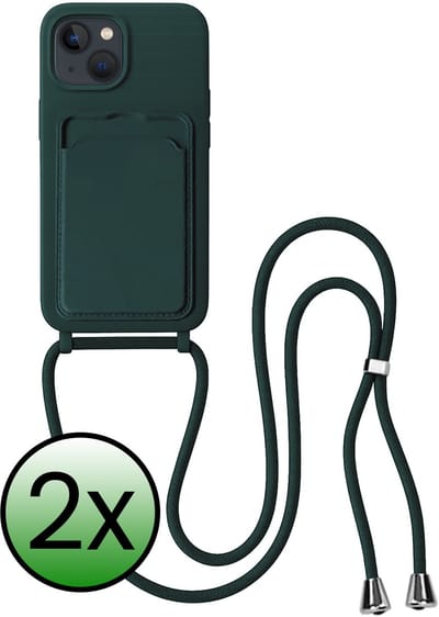 Hoes Geschikt voor iPhone 13 Hoesje Pas Houder Case Hoes Met Koord - Hoesje Geschikt voor iPhone 13 Hoes Met Telefoonkoord Pasjeshouder Cover - Donkergroen - 2 Stuks