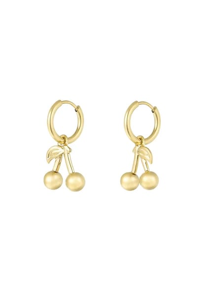Oorbellen cherry on top - oorhangers kers - goud - YEHWANG - stainless steel sieraden