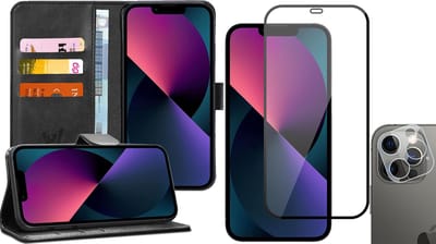 Hoesje geschikt voor iPhone 13 Pro - Book Case Kunstleer Wallet - Zwart - Met Full Screenprotector en Camera Screen Protector