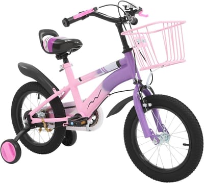 Kinderfiets 14 inch - Meisjesfiets Steunwielen - Leren Fietsen - Dubbel Remsysteem - 95-105 cm Lichaamslengte - Paars