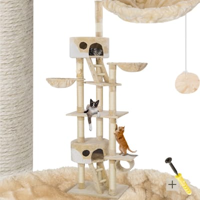 tectake® Kattenkrabpaal XXL – Plafondhoog 243-260cm – Verstelbare Krabpaal met Trap, Huisjes, Buis, Ligmandjes en Sisalzuilen – Beige/Wit – Kattenhuis, Kattenboom, Krabmeubel voor Binnen