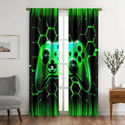 Gamecontroller - 3D-ontwerp, zwart en fluorescerend groen zeshoekig bedrukte gordijnen, huisdecoratie 14Wx47L(35x120CM)x2