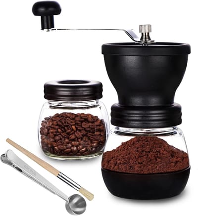 Handmatige koffiebonenmolen met 2 glazen potten (elk 11 oz), handkoffiemolen met keramische braam, handzwengel/handheld, kleine draagbare koffiemolens met borstel/lepel voor kamperen