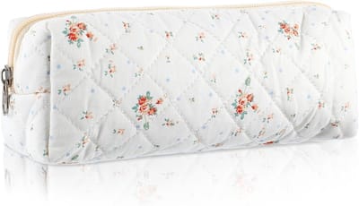 Leuke etui, esthetische bloemen etui, draagbare pennenzak brede opening, zachte gewatteerde etui organizer met rits voor kantoor college opslag make-up zakje, Wit Oranje Bloesem, Witte Orchidee