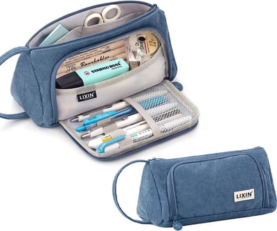 LIXIN Etui - Velvet Suede - Blauw - Pennenzak voor jongens en meisjes - Canvas - Linnen - Grote capaciteit - School etui - Etui voor kinderen en volwassenen - School - Terug naar school - Back to school - Leuke telescopishe pennenhouder - Leuk etui