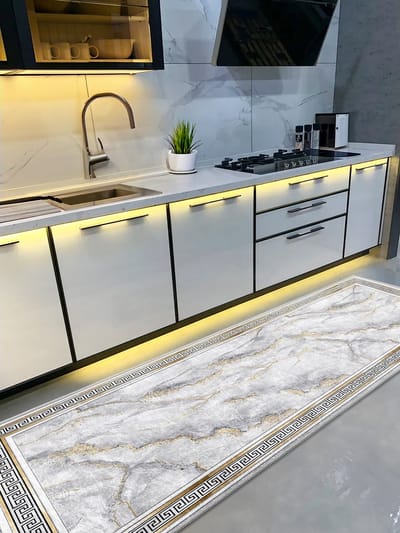 De Groen Home Vloerkleed 65x180cm - NATURA COLLECTIE Marmer patroon - Keukenloper - Deurmat binnen - Halloper - Wasbaar Antislip Zacht Tapijt