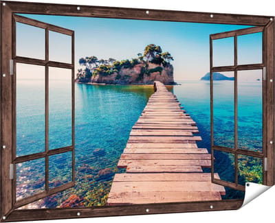 Gards Tuinposter Doorkijk Pad op het Water naar een Grieks Eiland - 180x120 cm - Tuindoek - Tuindecoratie - Wanddecoratie buiten - Tuinschilderij