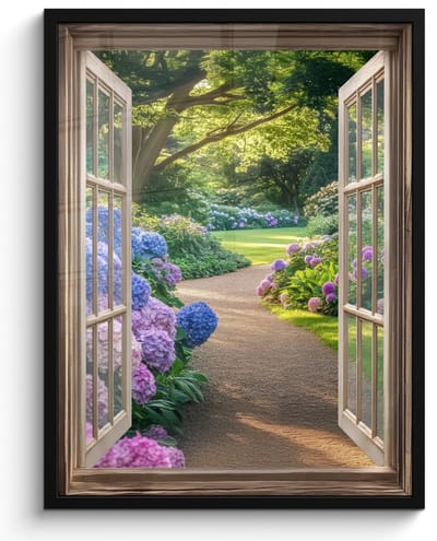 Poster in lijst - Fotolijst 50x70 cm - Posters - Doorkijk - Tuin - Raam - Hortensia - Bloemen - Posterlijst zwart - Decoratie - Wanddecoratie woonkamer - Muurdecoratie slaapkamer