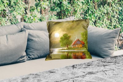 Buitenkussen Weerbestendig - Schilderij - Olieverf - Huis - Natuur - Water - 50x50 cm