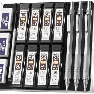 0,9 mm vulpotloodset - 3-delige metalen automatische tekenpen met 6 tubes HB-potloodstiften en 3 gummen in etui - PromoHome
