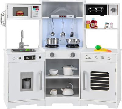 COSTWAY Kinderkeuken hout, speelkeuken met afzuigkap, gootsteen, kraan, magnetron en oven, speelgoedkeuken met links en geluid, houten keuken met accessoires voor kinderen vanaf 3 jaar (wit)