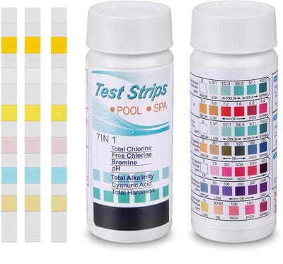 Deze verpakking van 100 stuks 7-in-1 teststrips voor zwembadwater bevat een meter voor de waterhardheid en pH-waarde van het zwembadwater, een meter voor broom en chloor, en een waterkwaliteitsanalysekit voor spa's en aquariums.